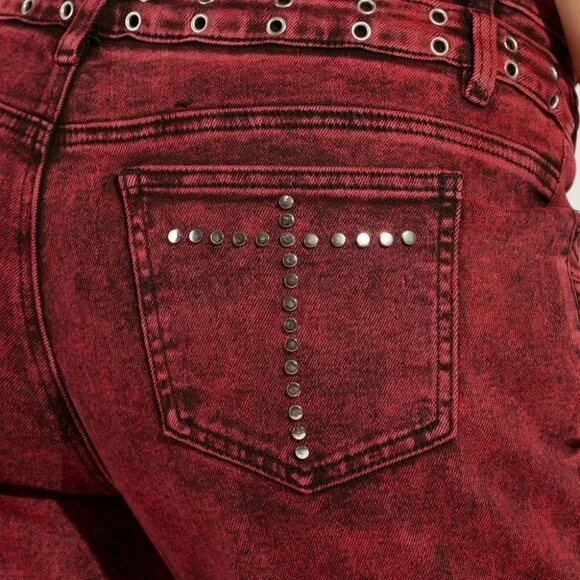 Y2K Red Distressed Wide Leg Cargo Denim Pants Grunge Size L - Picture 3 of 6